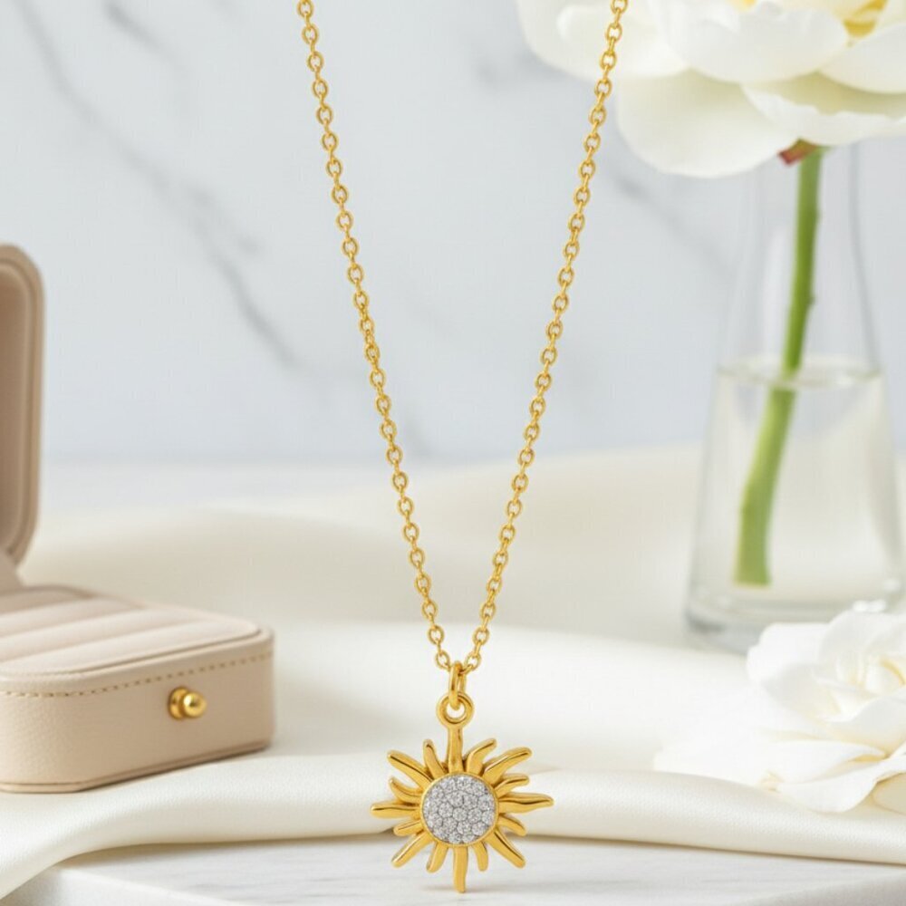Dainty Sunburst Pendant 18K Gold Plated Stainless Steel CZ Celestial Necklace - Picture 5 of 10